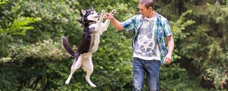 Ein junger Mann spielt im Garten mit seinem Hund, der gerade hoch in die Luft zu ihm springt